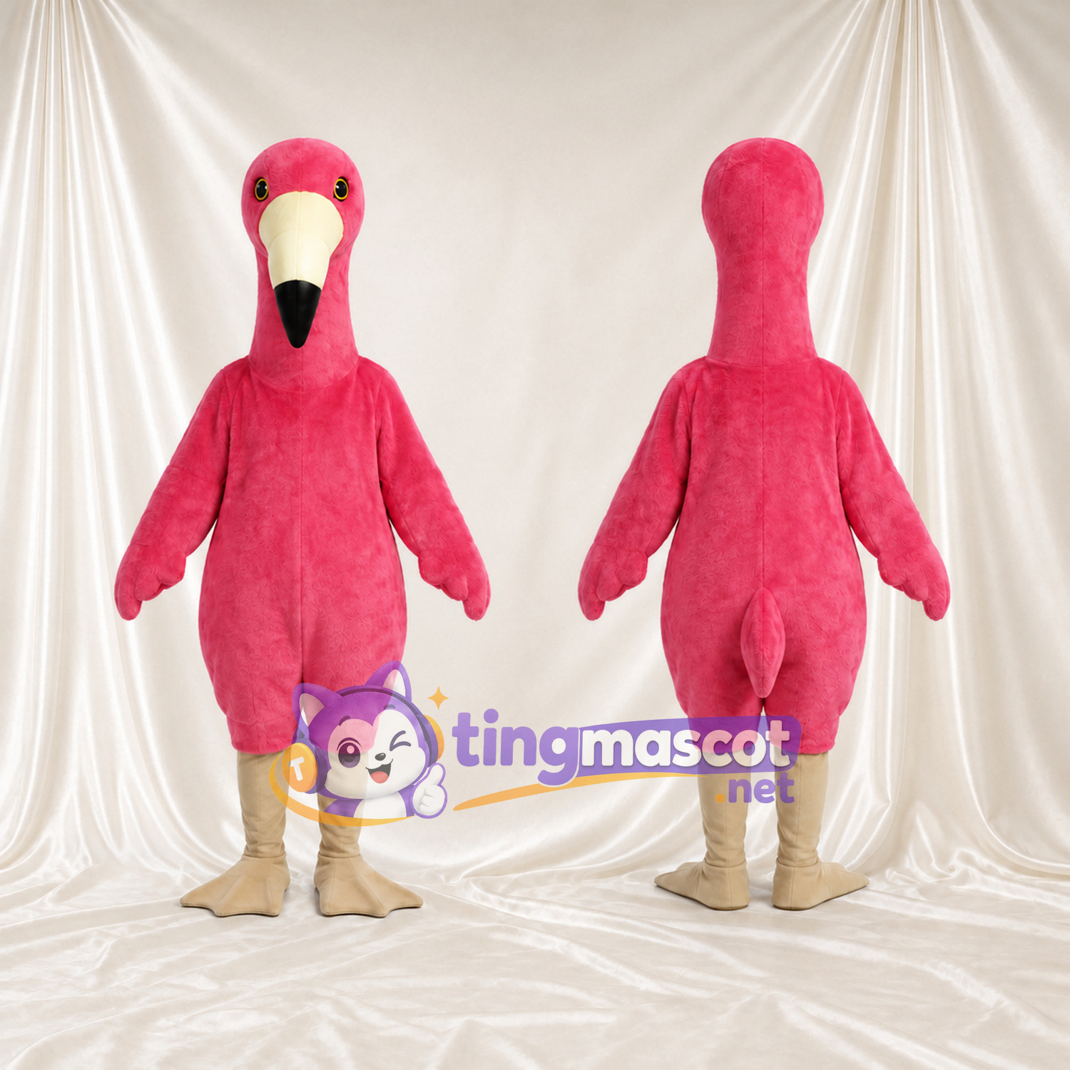 Costume de mascotte Flamant rose – rose – Bec (crème); Jambes (beige) Costume de mascotte Flamant rose – rose – Bec (crème); Jambes (beige)