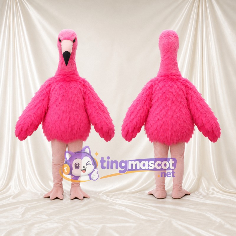 Hot Pink Flamingo Mascot Costume - Shaggy Round Body and Pale Legs