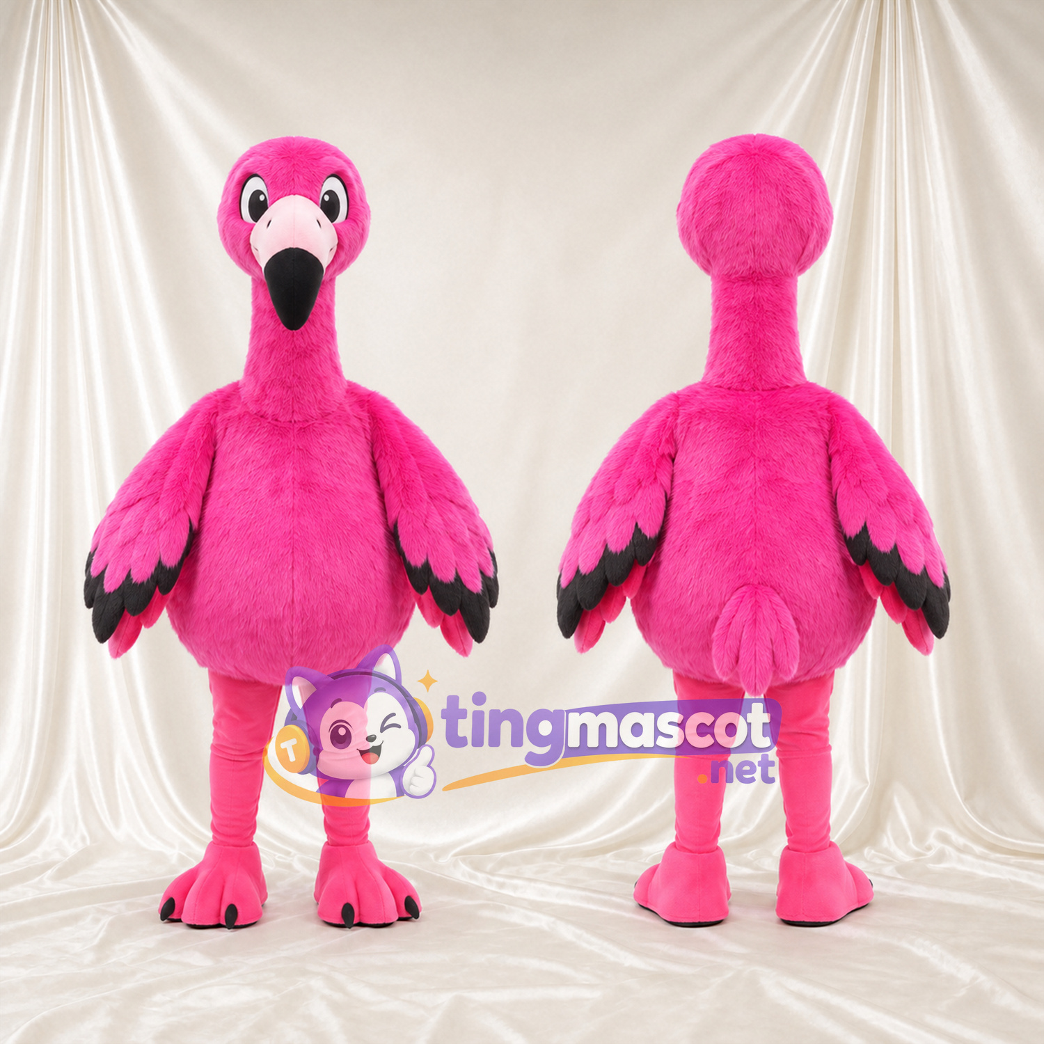 Costume de mascotte Flamant rose – rose – Bouts des ailes (noir); Jambes (rose) Costume de mascotte Flamant rose – rose – Bouts des ailes (noir); Jambes (rose)
