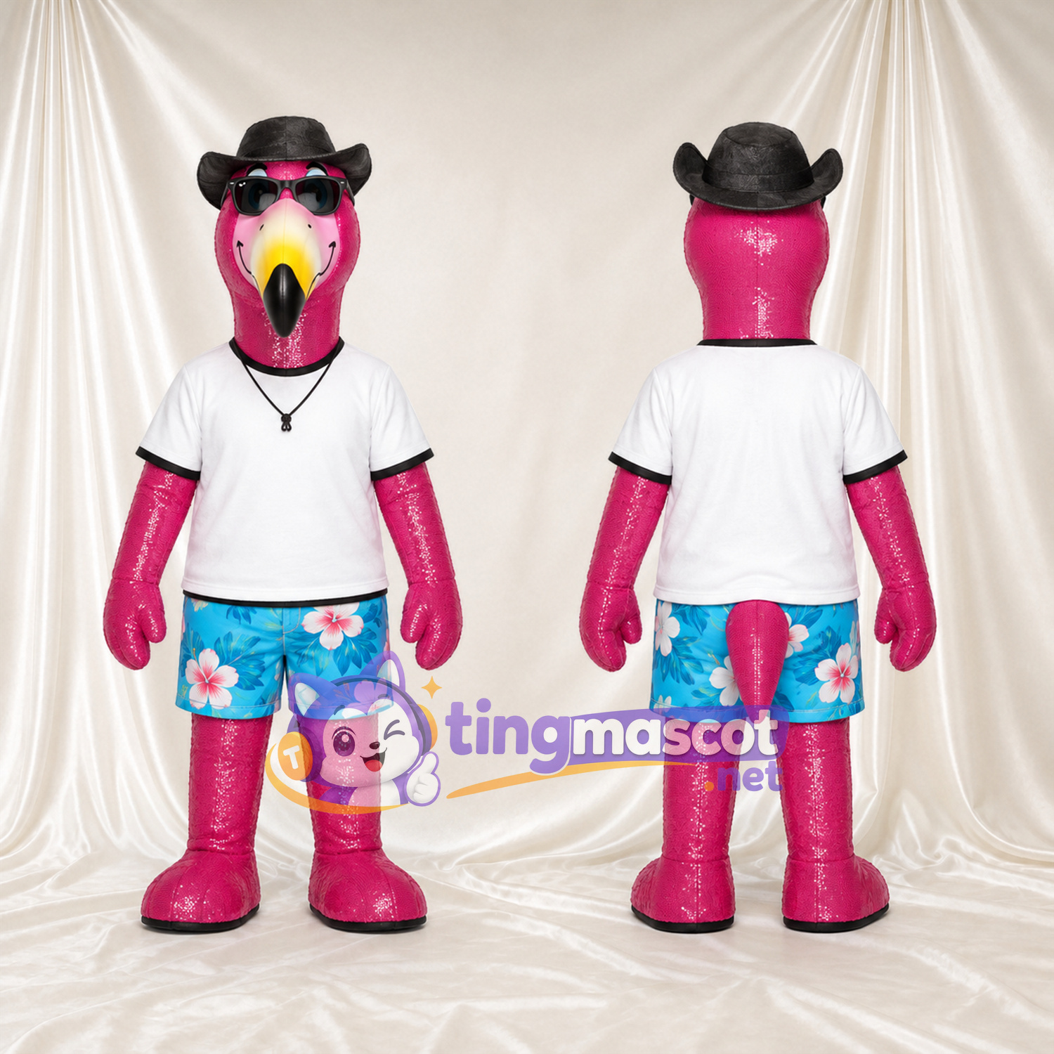 Costume de mascotte Flamant rose – rose – Chapeau de cowboy; T-shirt (blanc); Short (fleuri) Costume de mascotte Flamant rose – rose – Chapeau de cowboy; T-shirt (blanc); Short (fleuri)