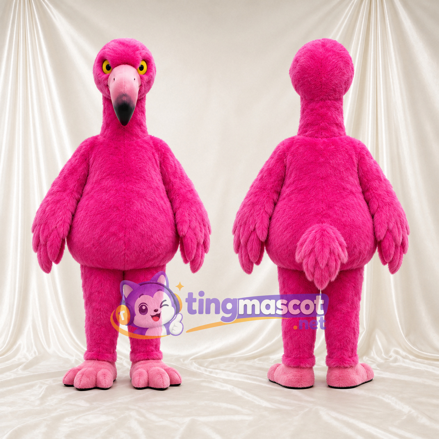Hot Pink Flamingo Mascot Costume - Angry Yellow Eyes and Rounded Belly Hot Pink Flamingo Mascot Costume - Angry Yellow Eyes and Rounded Belly