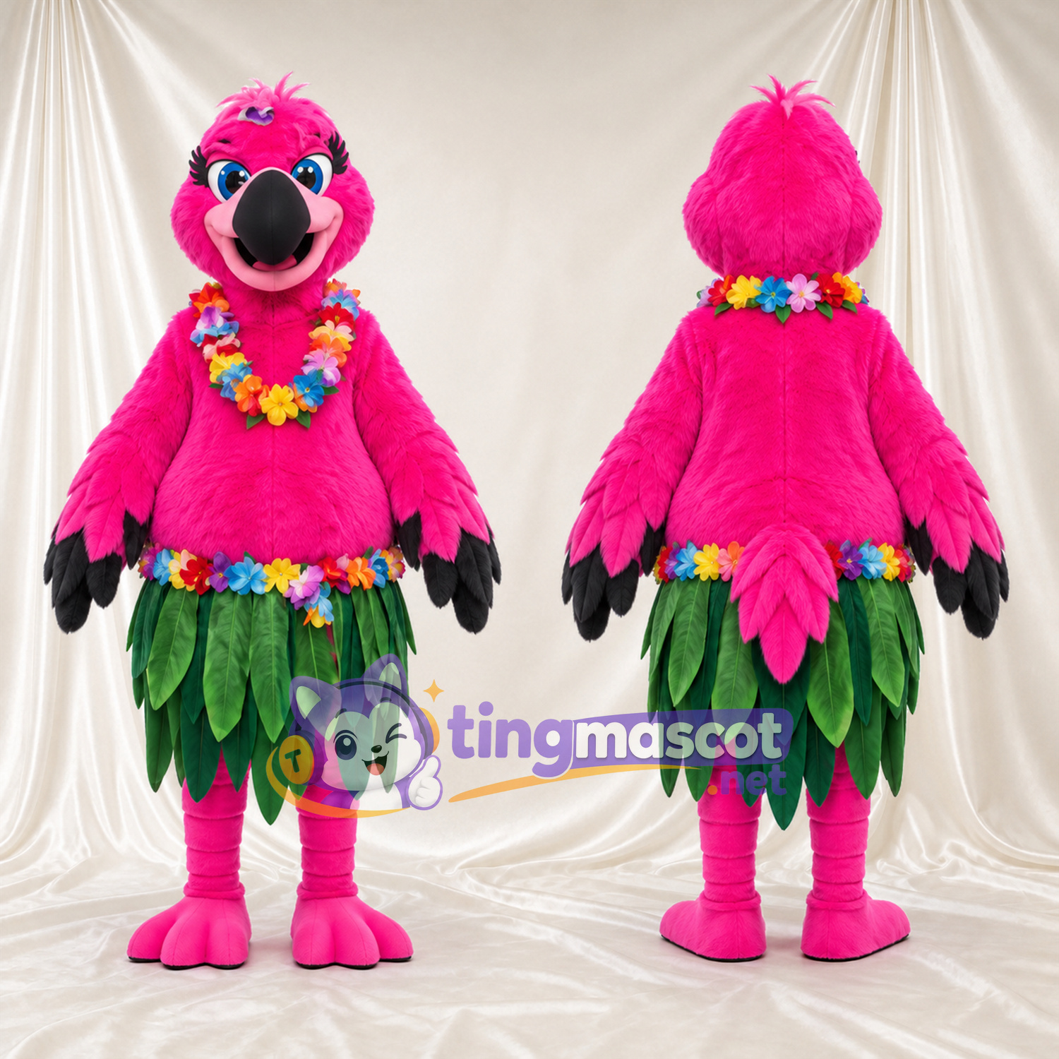 Costume de mascotte Flamant rose – rose – Collier de fleurs; Feuille (vert); Jupe Costume de mascotte Flamant rose – rose – Collier de fleurs; Feuille (vert); Jupe