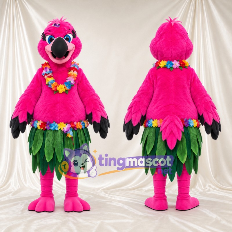 Costume de mascotte Flamant rose – rose – Collier de fleurs; Feuille (vert); Jupe