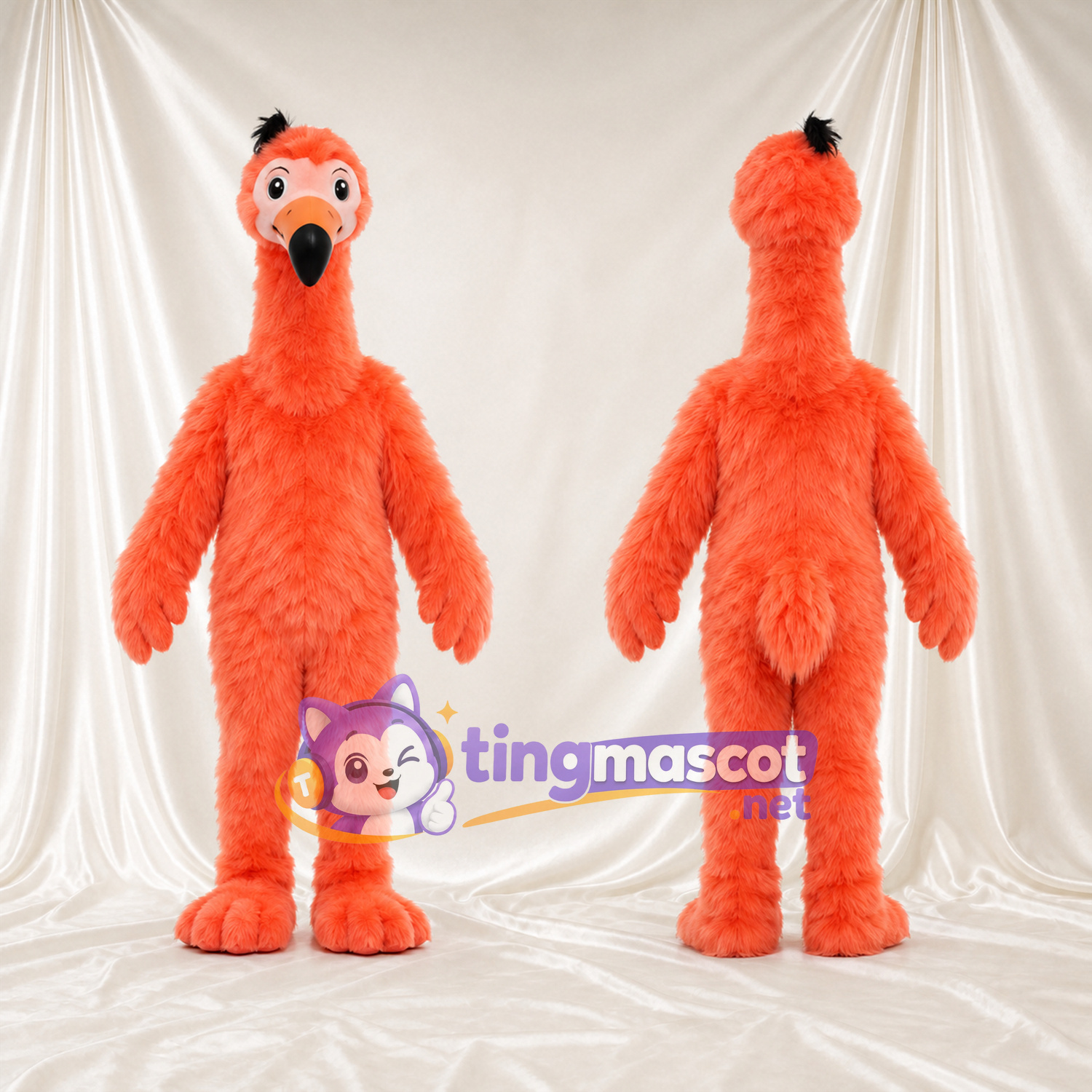 Costume de mascotte Flamant rose – orange – Huppe (noir); Corps (hirsute) Costume de mascotte Flamant rose – orange – Huppe (noir); Corps (hirsute)