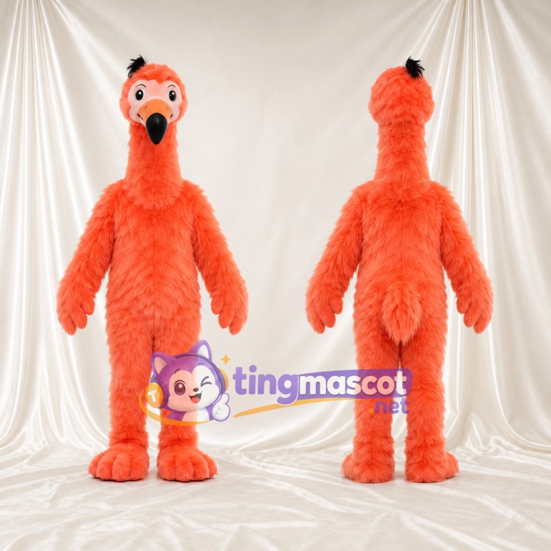Costume de mascotte Flamant rose – orange – Huppe (noir); Corps (hirsute)
