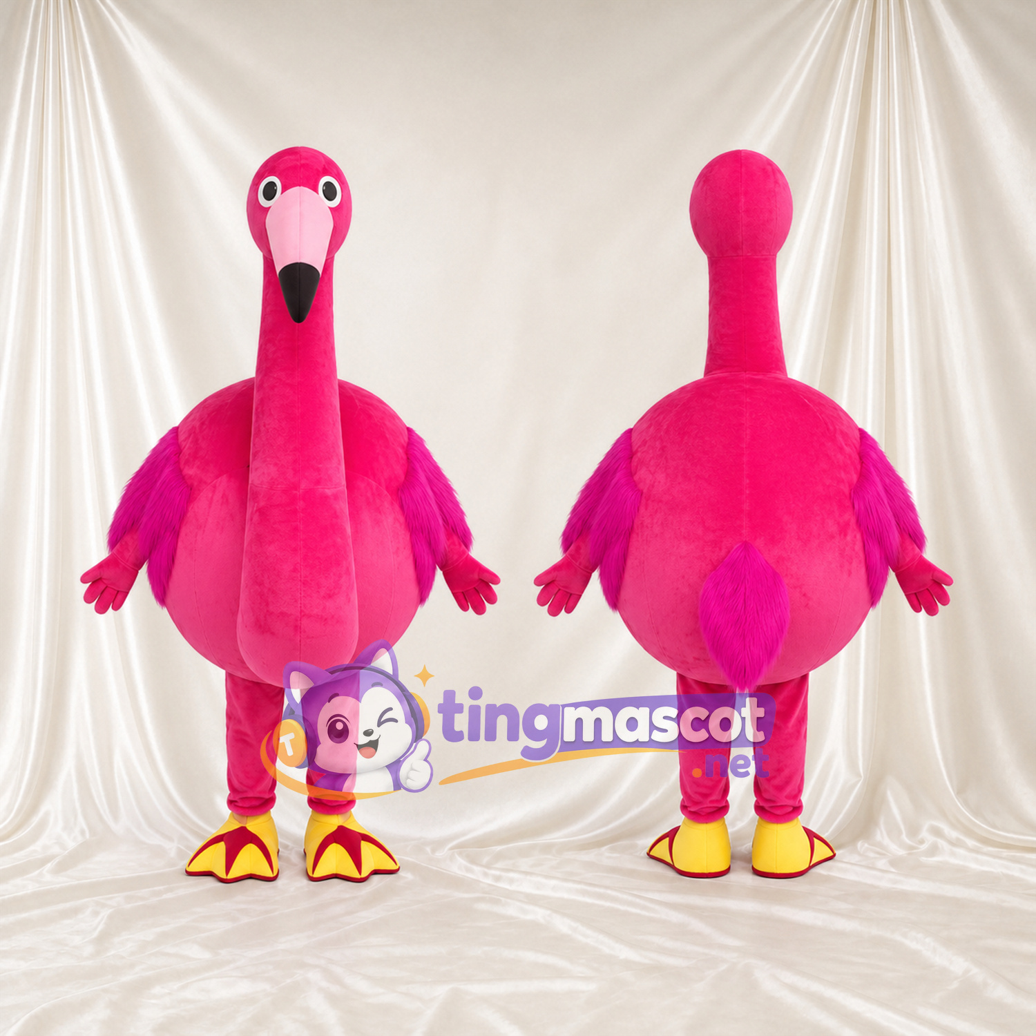 Maskottchenkostüm Flamingo – kräftiges Pink – Flügel (violett); Füße (gelb, mit Schwimmhäuten) Maskottchenkostüm Flamingo – kräftiges Pink – Flügel (violett); Füße (gelb, mit Schwimmhäuten)