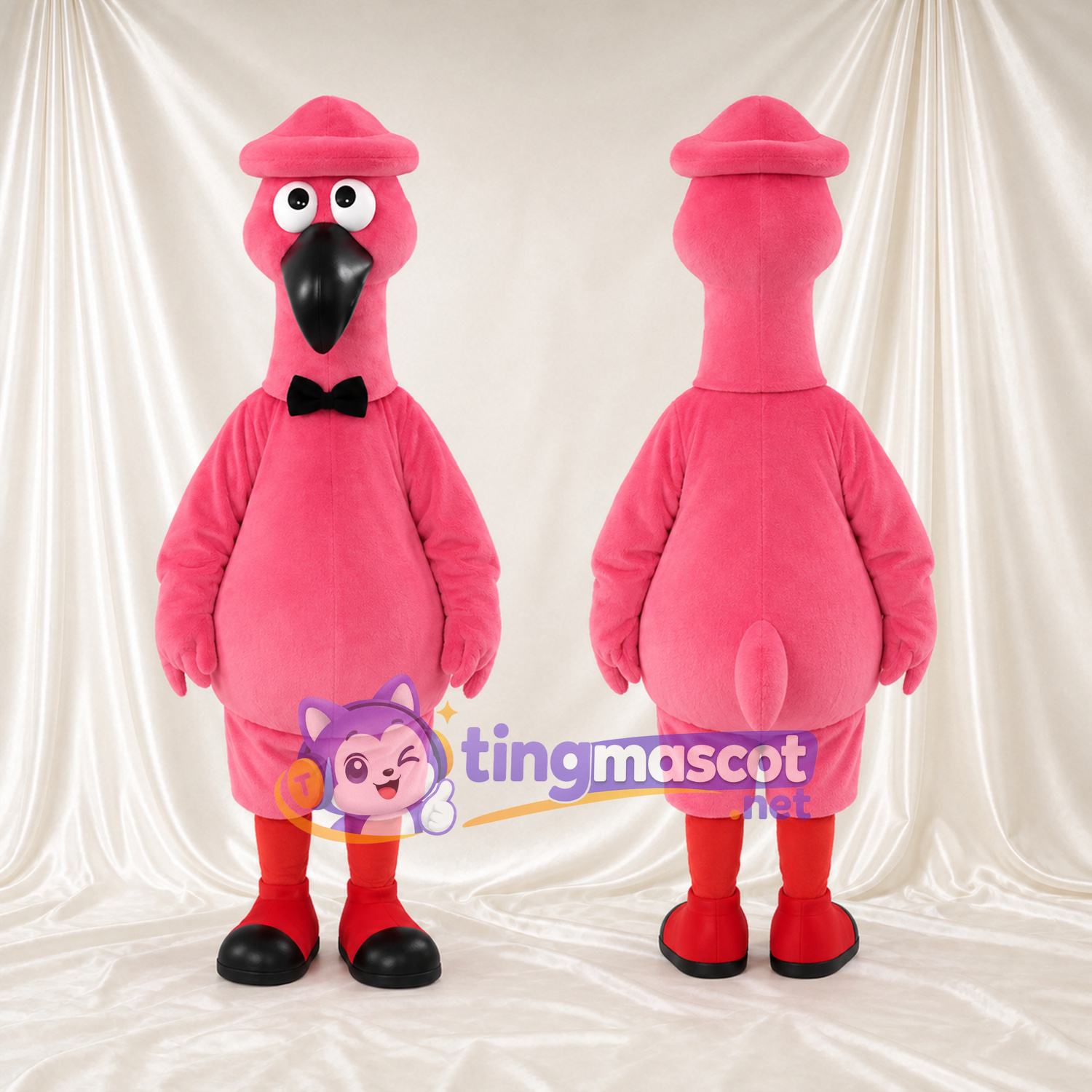 Costume de mascotte Flamant rose – rose – Chapeau (rose); Nœud papillon (noir); Chaussettes (rouge) Costume de mascotte Flamant rose – rose – Chapeau (rose); Nœud papillon (noir); Chaussettes (rouge)