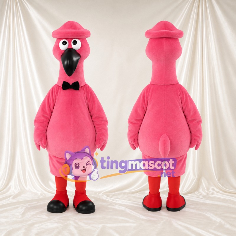 Costume de mascotte Flamant rose – rose – Chapeau (rose); Nœud papillon (noir); Chaussettes (rouge)