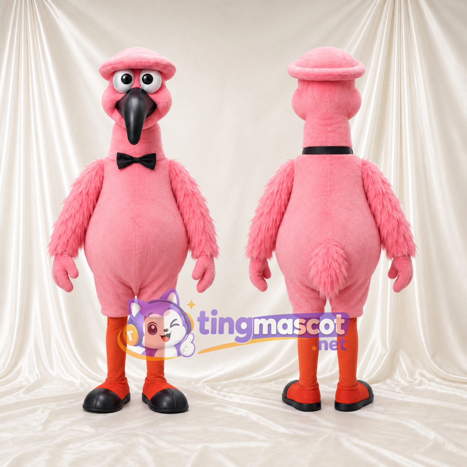 Maskottchenkostüm Flamingo – korallrosa – Baskenmütze (rosa); Fliege (schwarz)
