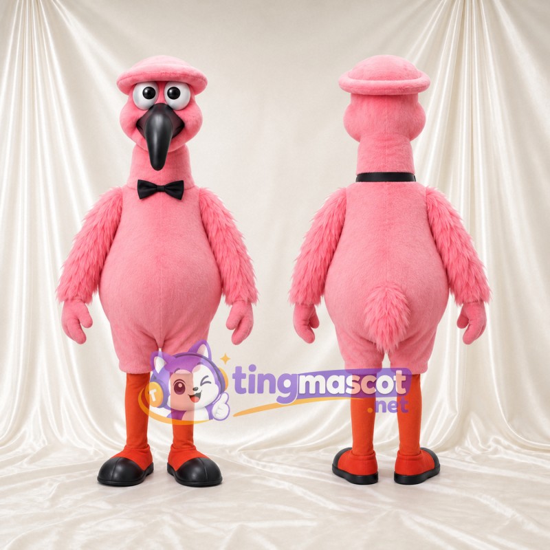 Maskottchenkostüm Flamingo – korallrosa – Baskenmütze (rosa); Fliege (schwarz)