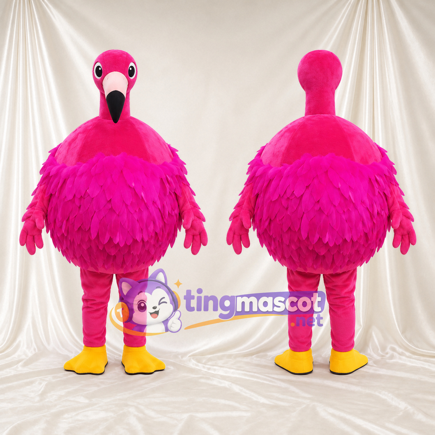 Maskottchenkostüm Flamingo – kräftiges Pink – Körper (rund, mit Federn); Füße (gelb) Maskottchenkostüm Flamingo – kräftiges Pink – Körper (rund, mit Federn); Füße (gelb)