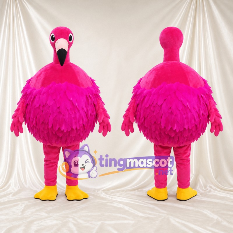 Hot Pink Flamingo Mascot Costume - Round Feathered Body and Yellow Feet