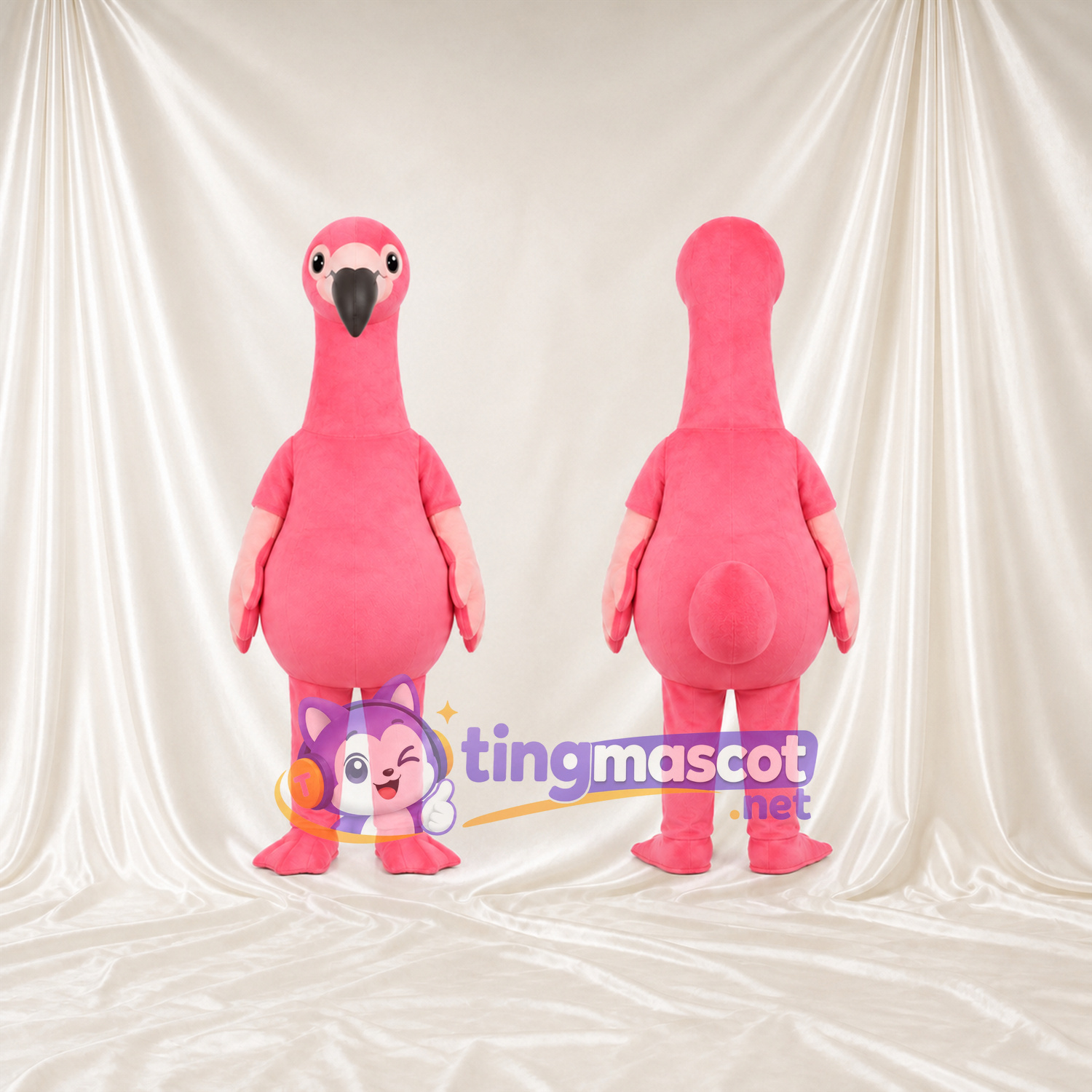 Maskottchenkostüm Flamingo – korallrosa – Rundlicher Körper; Stiefel (rosa)