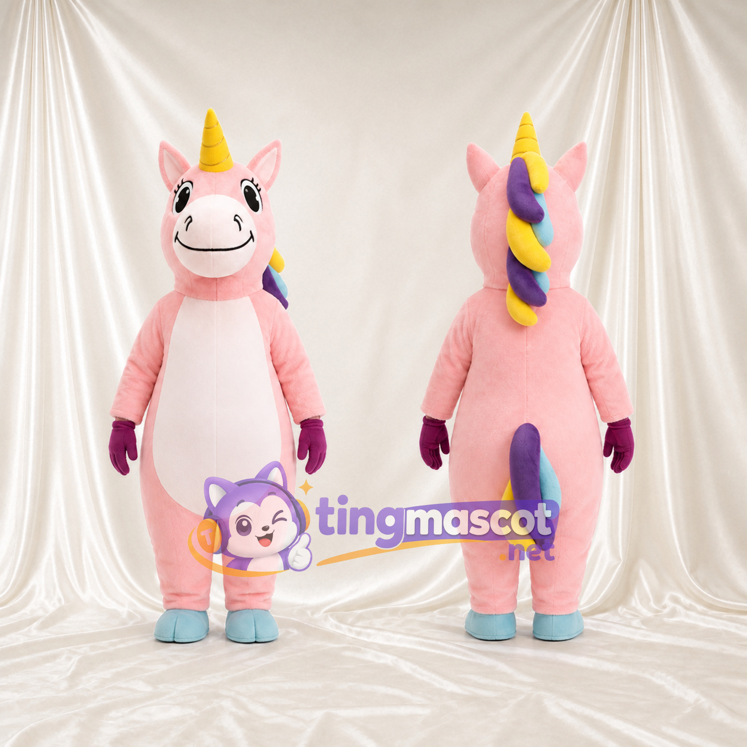 Maskottchenkostüm Einhorn – rosa – Horn (gelb); Hufe (blau) Maskottchenkostüm Einhorn – rosa – Horn (gelb); Hufe (blau)