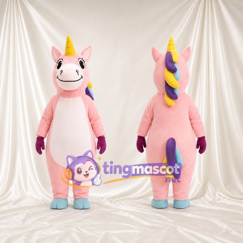 Maskottchenkostüm Einhorn – rosa – Horn (gelb); Hufe (blau)