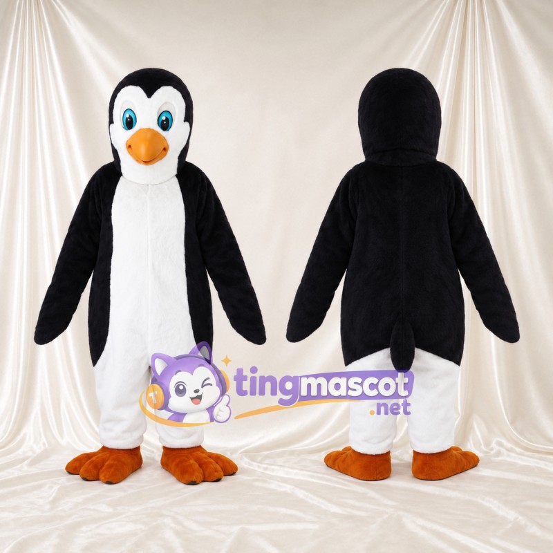 Black and White Penguin Mascot Costume - Blue Eyes and Orange Feet