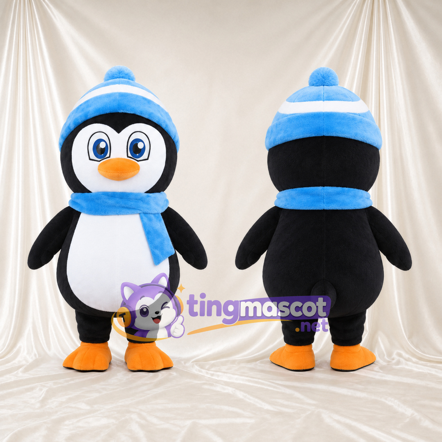 Costume de mascotte Manchot – noir – Bonnet (bleu); Écharpe (bleu) Costume de mascotte Manchot – noir – Bonnet (bleu); Écharpe (bleu)
