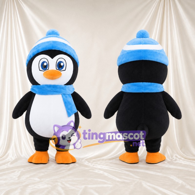 Costume de mascotte Manchot – noir – Bonnet (bleu); Écharpe (bleu)