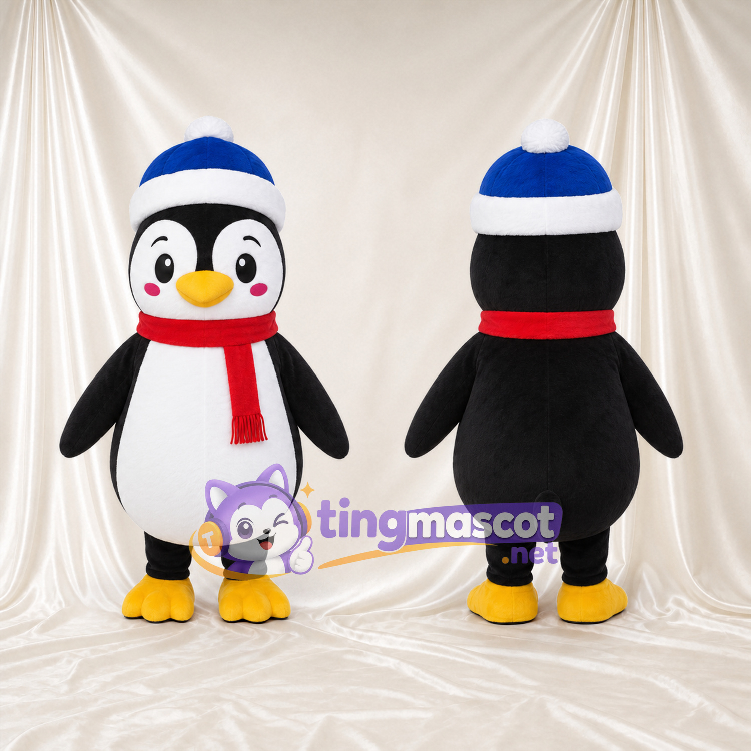 Costume de mascotte Manchot – noir – Bonnet (bleu); Écharpe (rouge); Joues (rose) Costume de mascotte Manchot – noir – Bonnet (bleu); Écharpe (rouge); Joues (rose)