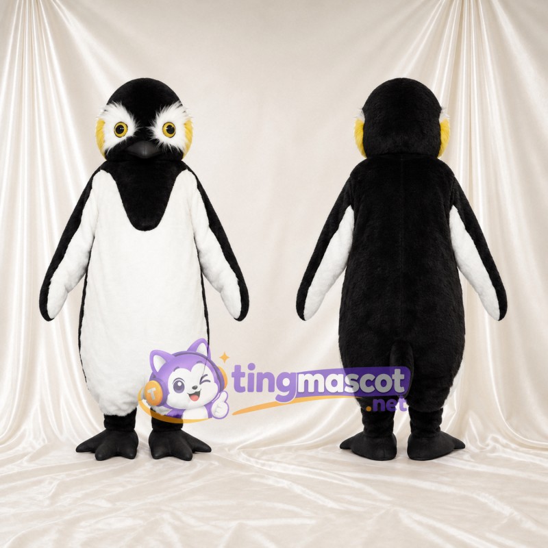 Black and White Penguin Mascot Costume - Black Neck Bib and Yellow Eyes
