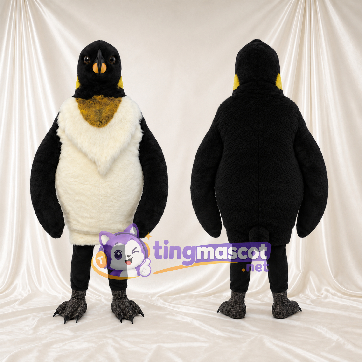Maskottchenkostüm Kaiserpinguin – wie abgebildet – Bauch (creme, mit Federn); Hals (goldfarben) Maskottchenkostüm Kaiserpinguin – wie abgebildet – Bauch (creme, mit Federn); Hals (goldfarben)