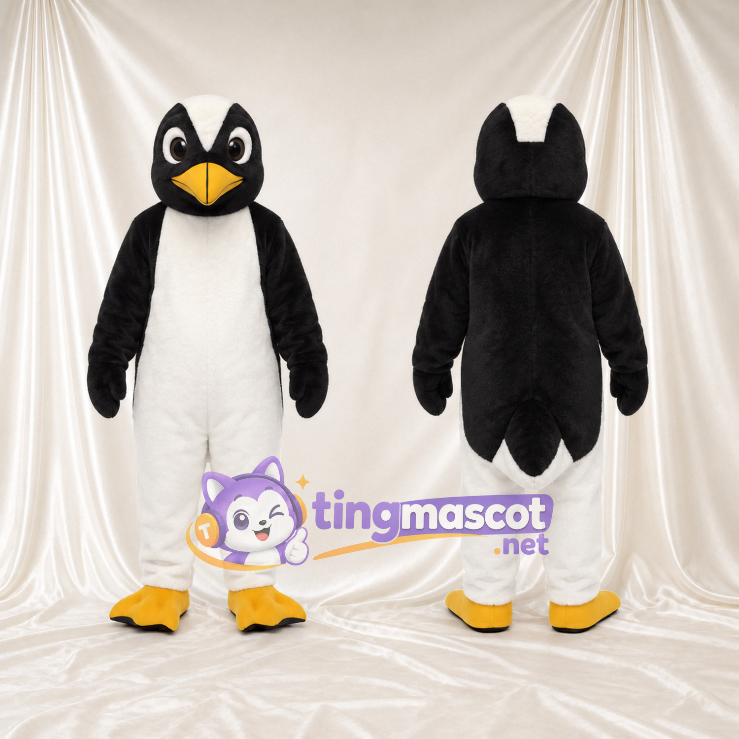 Black and White Penguin Mascot Costume - Angled White Brows and Yellow Feet Black and White Penguin Mascot Costume - Angled White Brows and Yellow Feet
