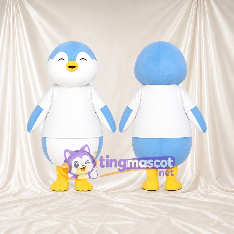 Costume de mascotte Manchot – bleu clair – T-shirt (blanc); Yeux (fermé, souriant)