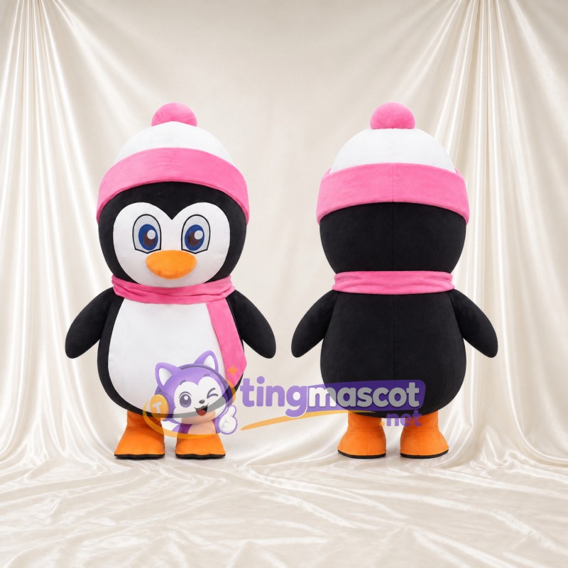 Costume de mascotte Manchot – noir – Bonnet (rose); Écharpe (rose)