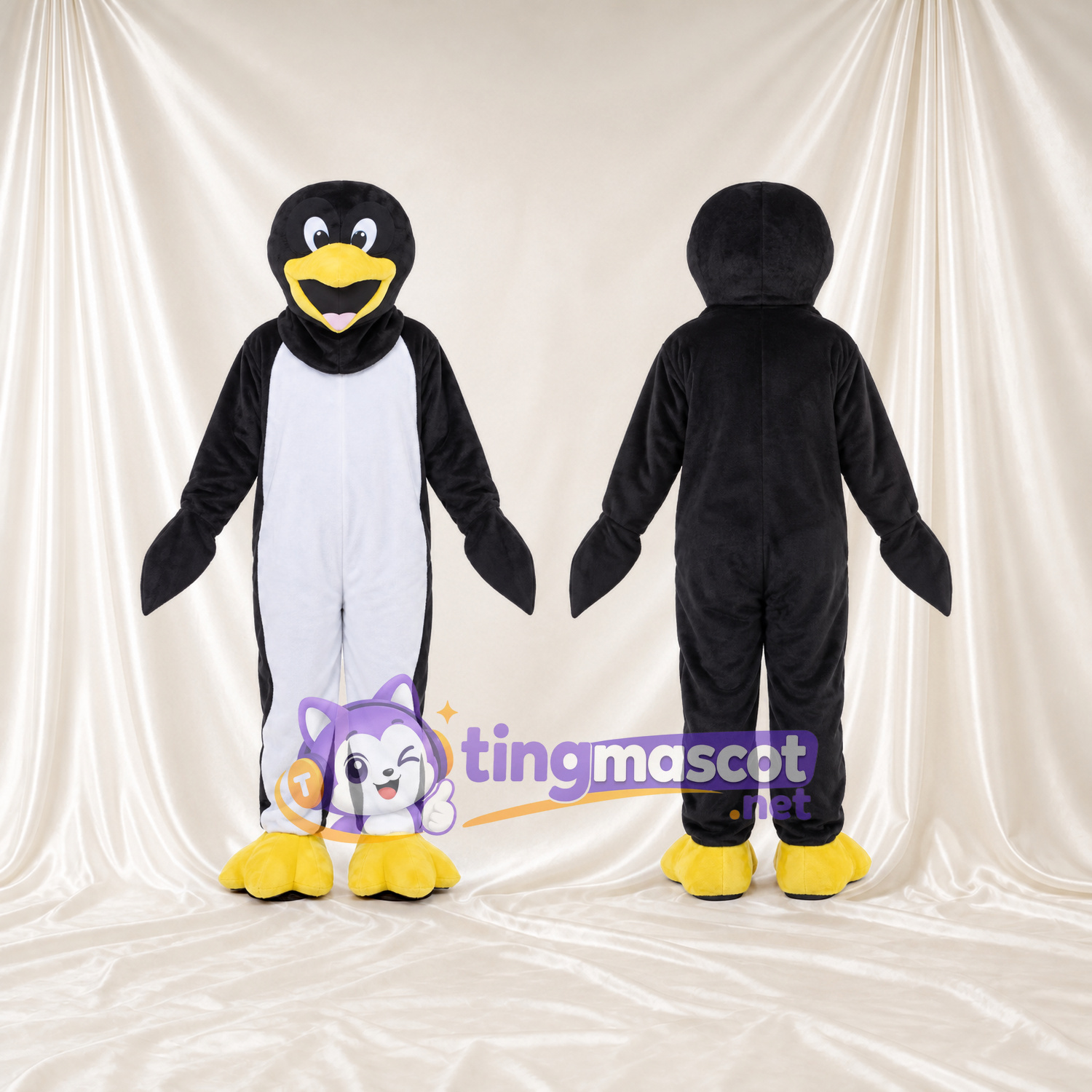 Black and White Penguin Mascot Costume - Broad Smile and Yellow Feet Black and White Penguin Mascot Costume - Broad Smile and Yellow Feet