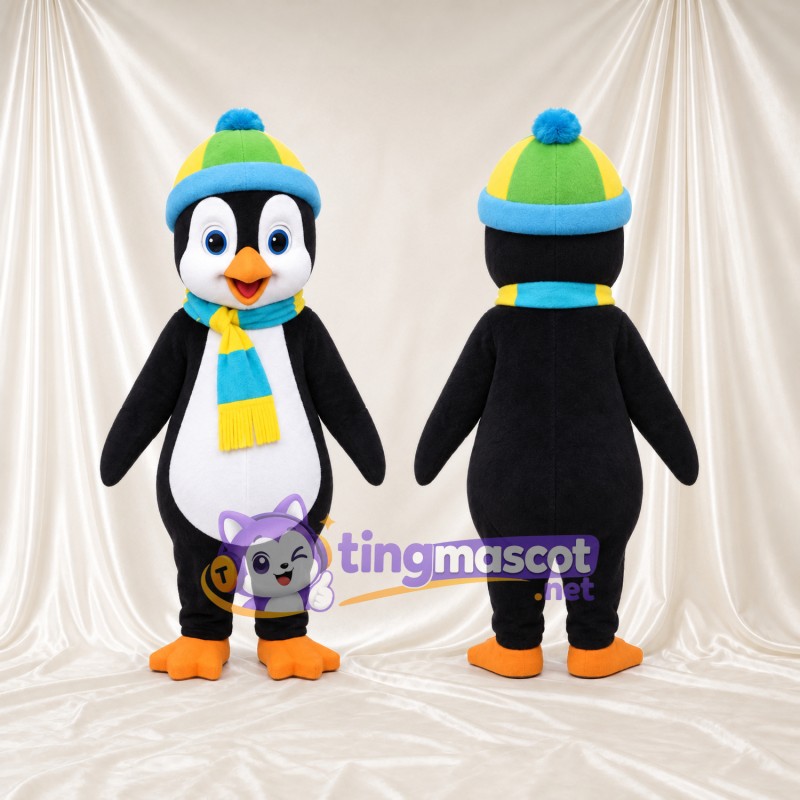 Costume de mascotte Manchot – noir – Bonnet (bleu); Écharpe (bleu, jaune)
