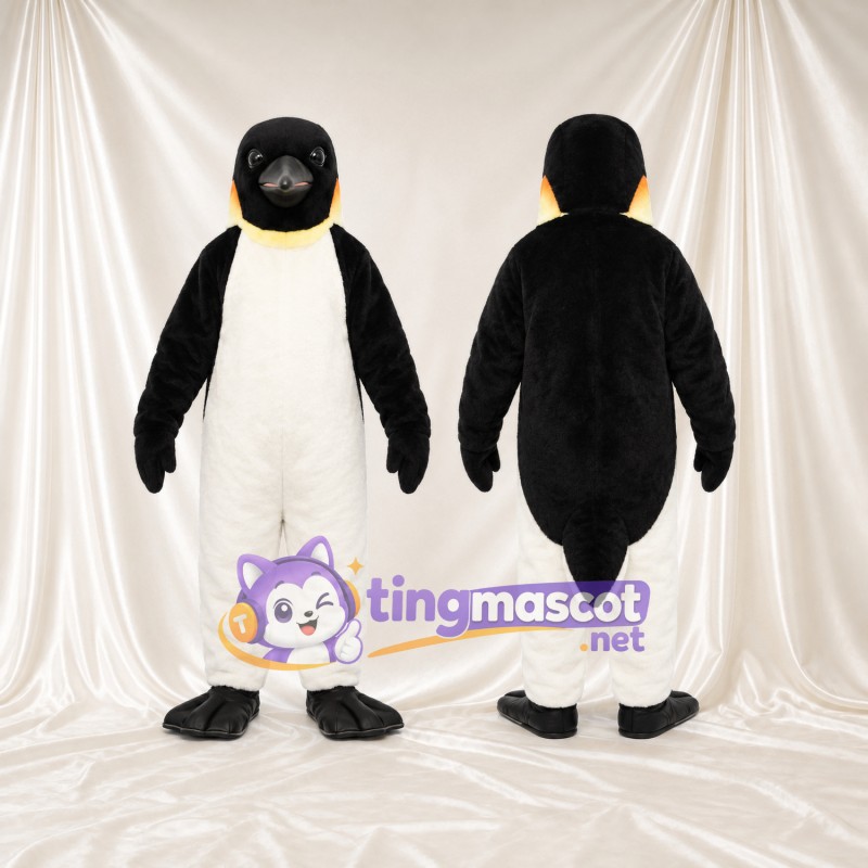 Maskottchenkostüm Kaiserpinguin – wie abgebildet – Hals (gelb); Füße (schwarz, mit Schwimmhäuten)