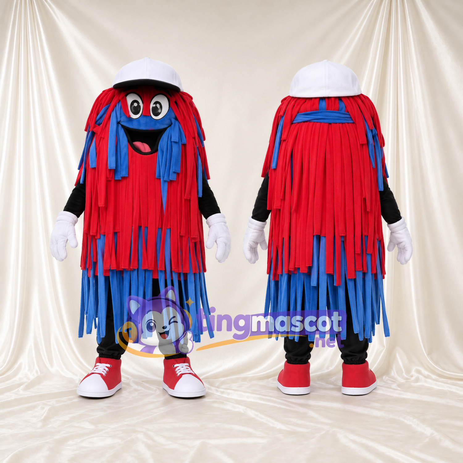 Maskottchenkostüm Autowaschbürste – rot / blau – Kappe (weiß); Sneaker (rot) Maskottchenkostüm Autowaschbürste – rot / blau – Kappe (weiß); Sneaker (rot)