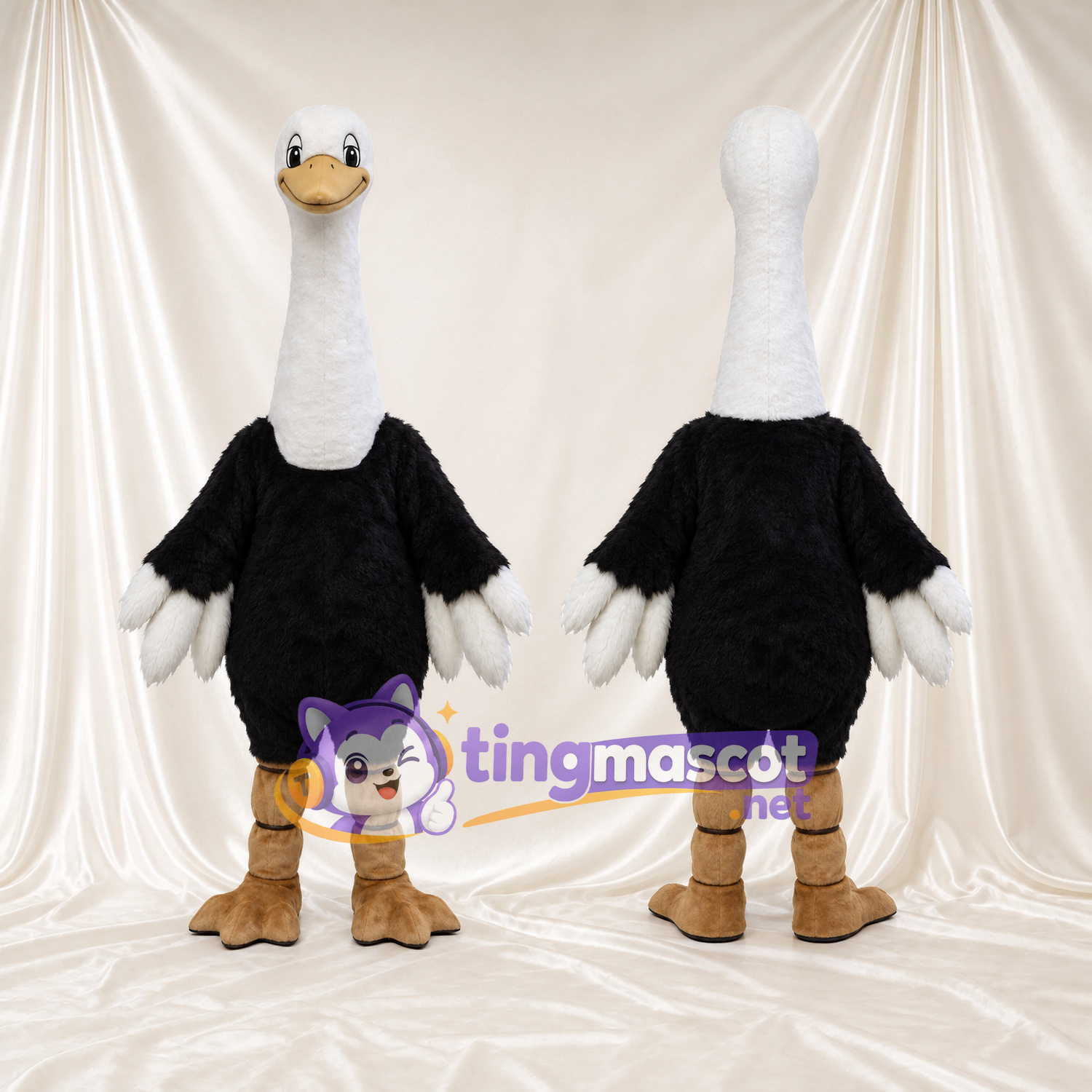 Costume de mascotte Autruche – noir – Cou (long, blanc); Jambes (marron) Costume de mascotte Autruche – noir – Cou (long, blanc); Jambes (marron)