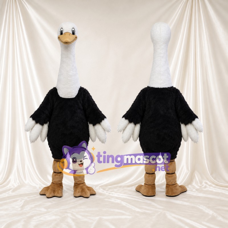 Costume de mascotte Autruche – noir – Cou (long, blanc); Jambes (marron)