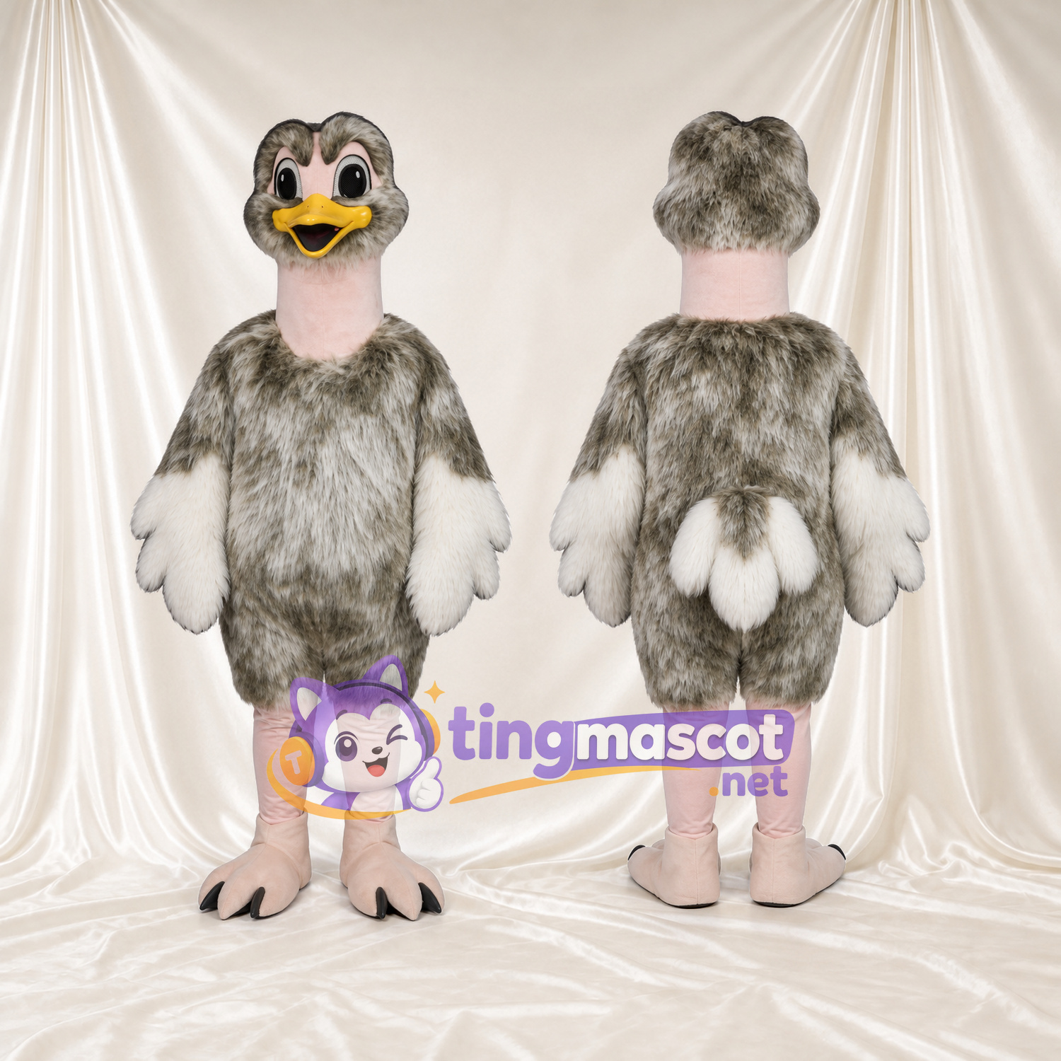 Costume de mascotte Autruche – gris – Cou (rose); Jambes (rose) Costume de mascotte Autruche – gris – Cou (rose); Jambes (rose)