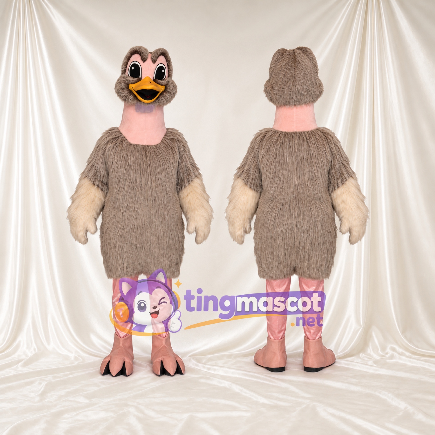 Costume de mascotte Autruche – marron – Bouts des ailes (crème); Jambes (rose) Costume de mascotte Autruche – marron – Bouts des ailes (crème); Jambes (rose)