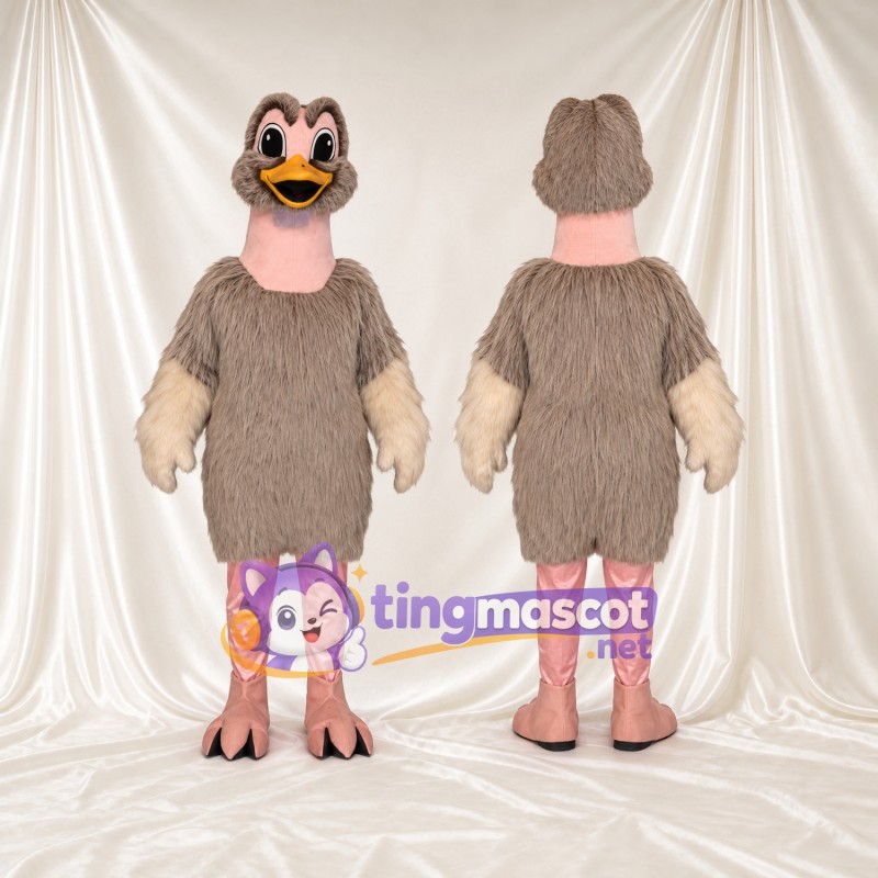 Costume de mascotte Autruche – marron – Bouts des ailes (crème); Jambes (rose)
