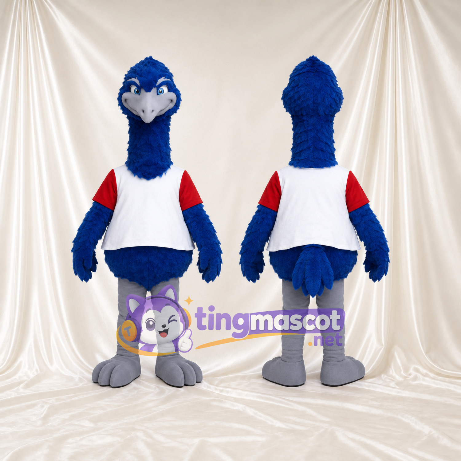 Costume de mascotte Autruche – bleu – Chemise (rouge, blanc); Pieds (gris) Costume de mascotte Autruche – bleu – Chemise (rouge, blanc); Pieds (gris)