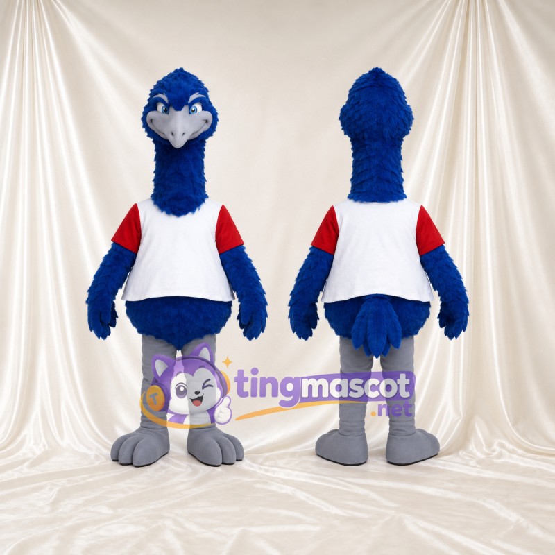 Costume de mascotte Autruche – bleu – Chemise (rouge, blanc); Pieds (gris)