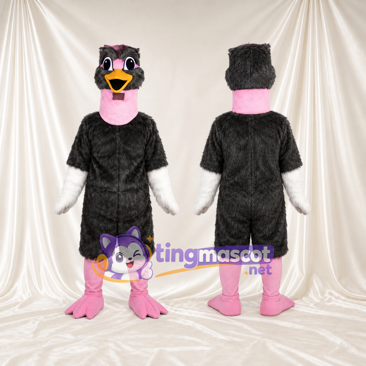 Costume de mascotte Autruche – noir – Cou (rose); Bouts des ailes (blanc) Costume de mascotte Autruche – noir – Cou (rose); Bouts des ailes (blanc)