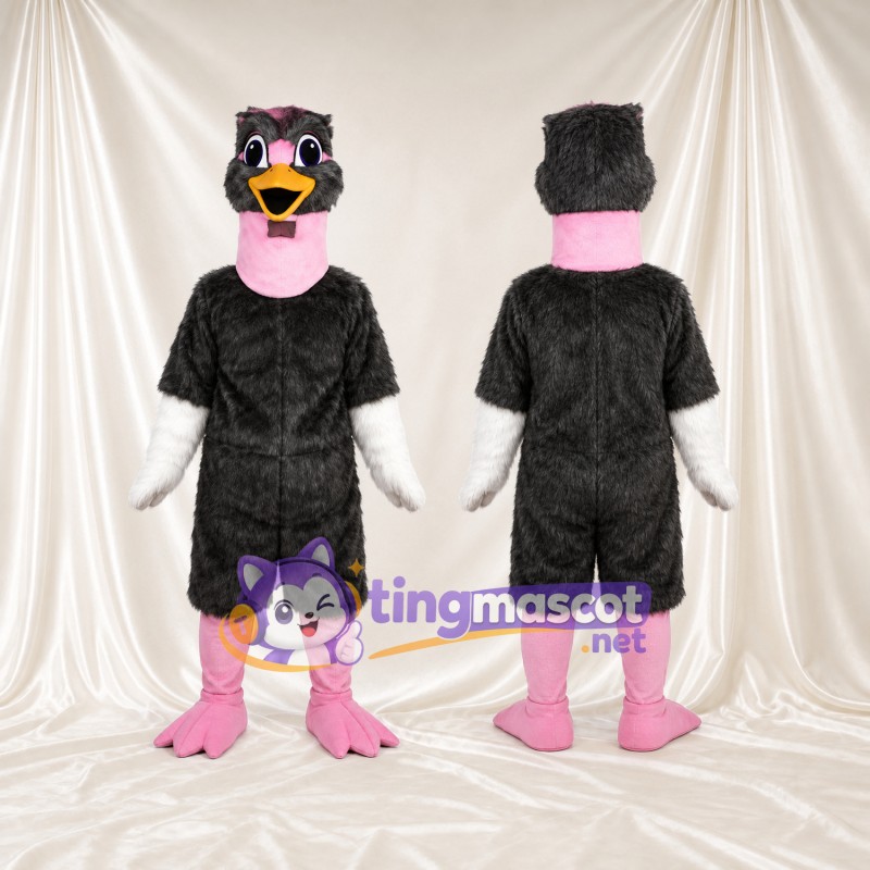 Costume de mascotte Autruche – noir – Cou (rose); Bouts des ailes (blanc)