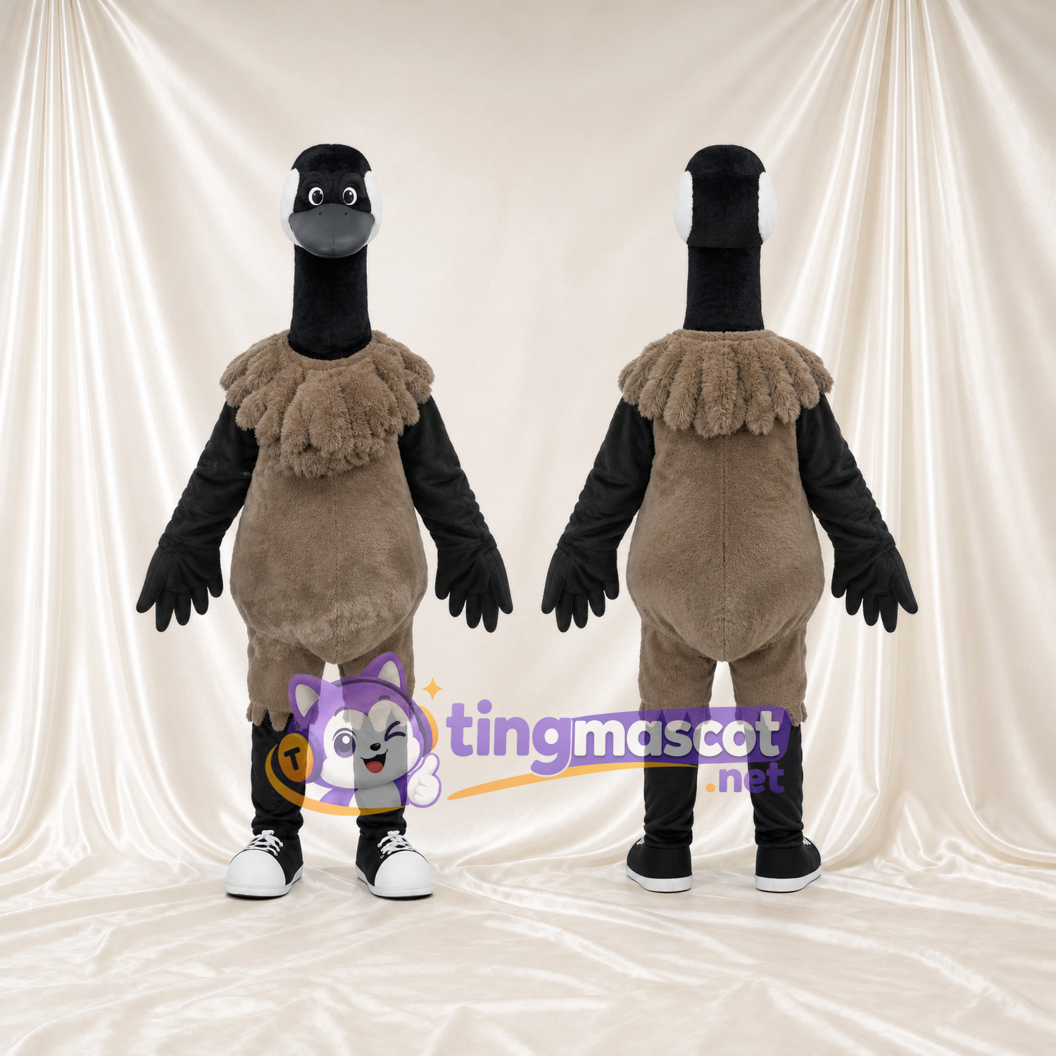 Costume de mascotte Autruche – marron – Cou (noir); Baskets (blanc) Costume de mascotte Autruche – marron – Cou (noir); Baskets (blanc)