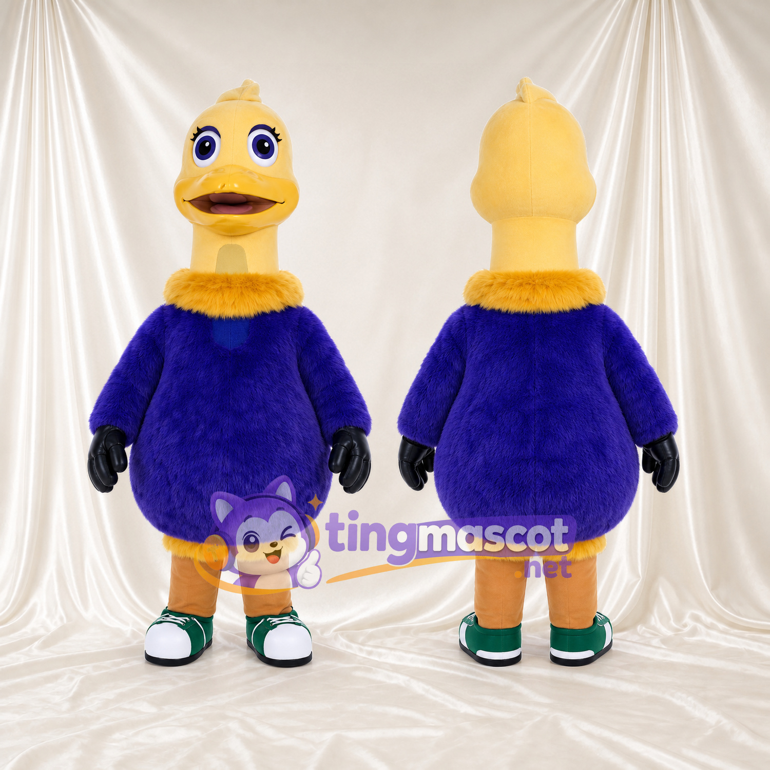 Costume de mascotte Autruche – jaune – Corps (violet); Baskets (vert) Costume de mascotte Autruche – jaune – Corps (violet); Baskets (vert)