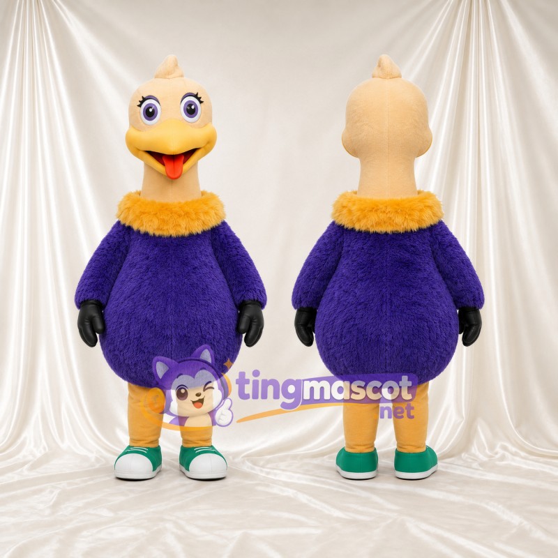 Costume de mascotte Autruche – jaune – Tunique (violet); Collerette (doré)