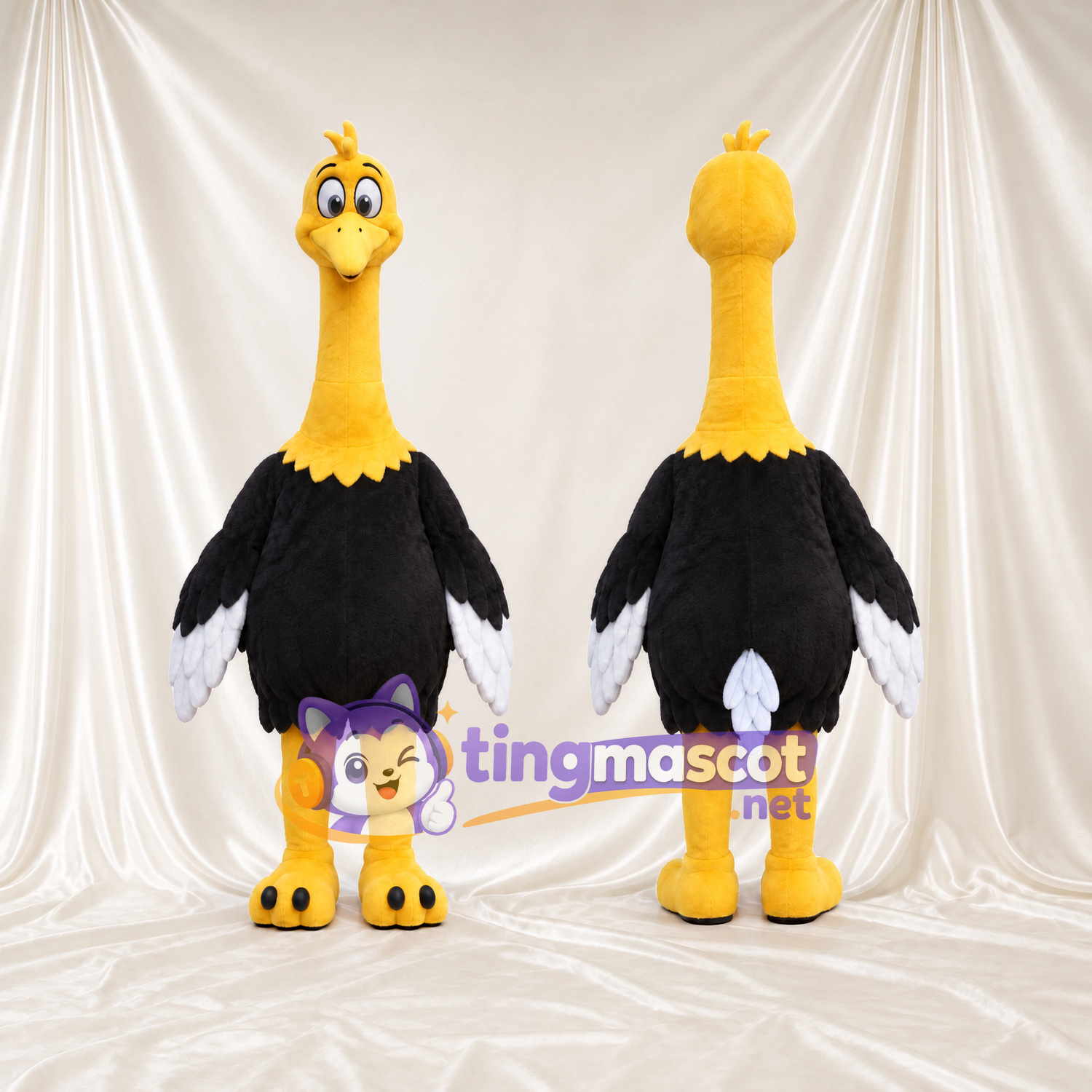 Costume de mascotte Autruche – jaune – Corps (noir); Bouts des ailes (blanc) Costume de mascotte Autruche – jaune – Corps (noir); Bouts des ailes (blanc)