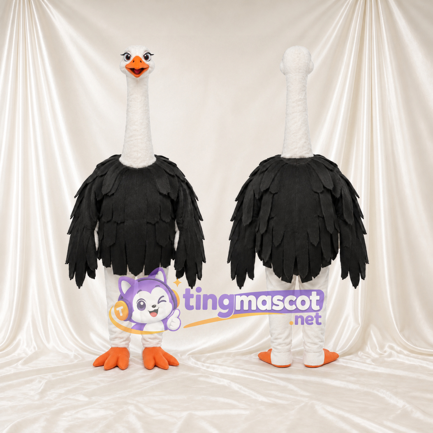 Costume de mascotte Autruche – noir – Cou (blanc); Plumes (à plusieurs couches, noir) Costume de mascotte Autruche – noir – Cou (blanc); Plumes (à plusieurs couches, noir)