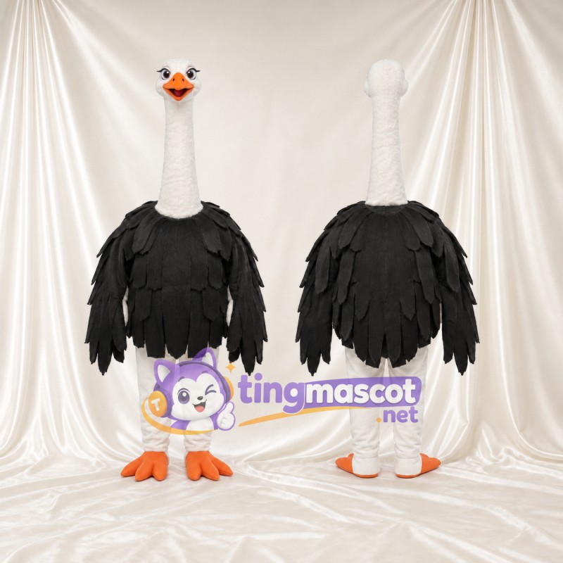 Costume de mascotte Autruche – noir – Cou (blanc); Plumes (à plusieurs couches, noir)