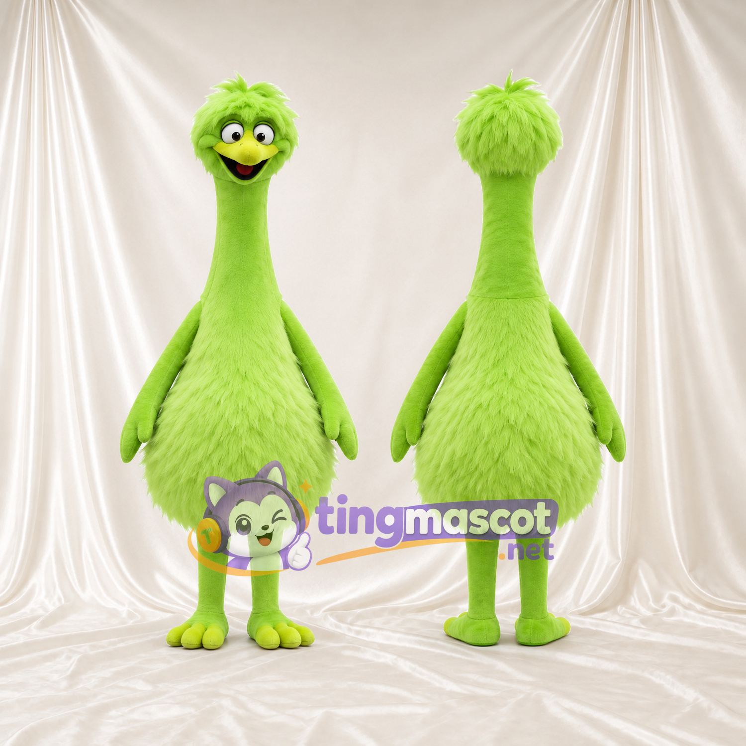 Costume de mascotte Autruche – vert citron / vert – Long cou; Corps (hirsute, rond) Costume de mascotte Autruche – vert citron / vert – Long cou; Corps (hirsute, rond)