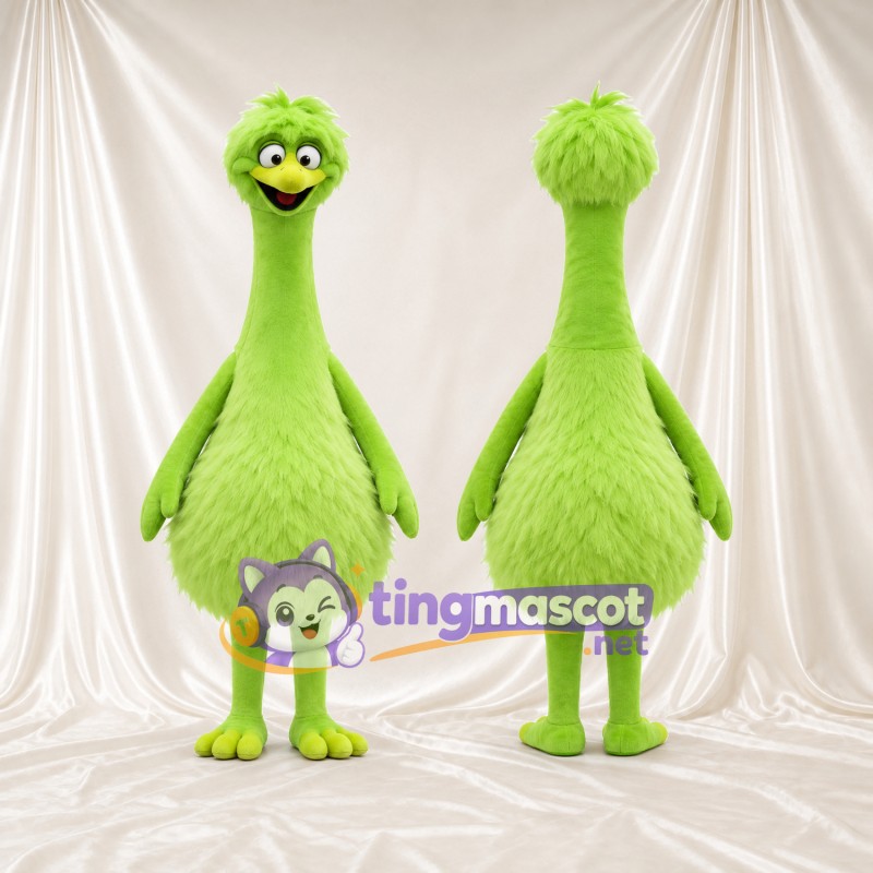 Costume de mascotte Autruche – vert citron / vert – Long cou; Corps (hirsute, rond)