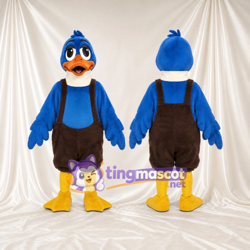 Blue Duck Mascot Costume - Brown Suspender Shorts and Yellow Legs